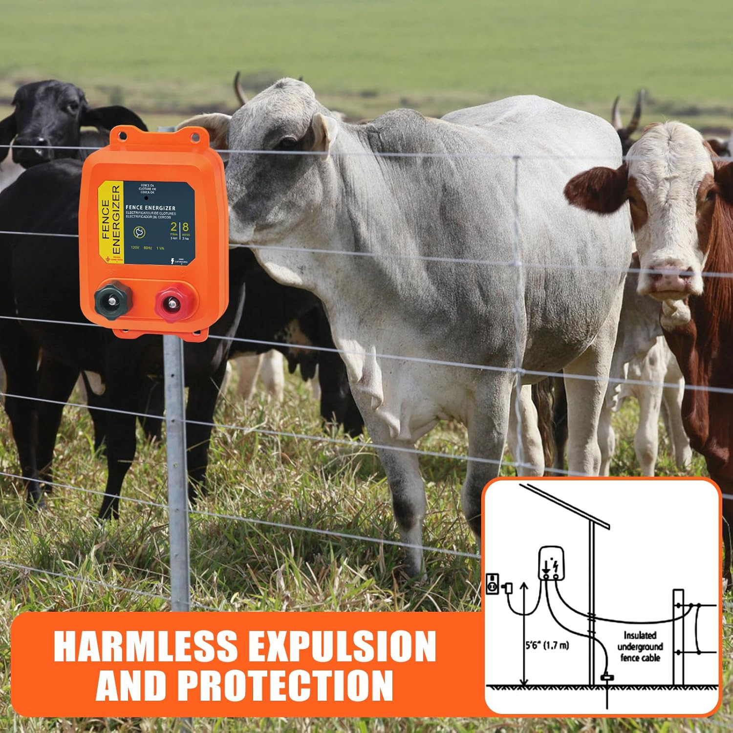 Electric Fence Charger PE2 0.10 Joule, 2-Mile/ 8 Acres Plug in Electric Fence Ch