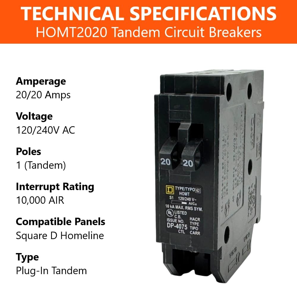 Genuine Square D HOMT2020 Tandem Circuit Breaker Kit (1 Pack), 20/20 Amp (20A…