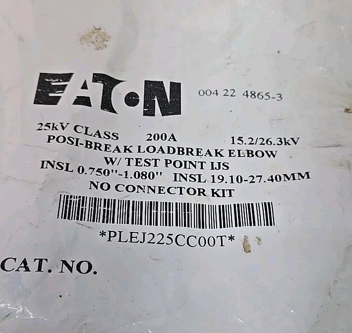 EATON PLE225CC00T 25kV CLASS 200A Posi-Break LOADBREAK ELBOW 15.2/26.3 kV