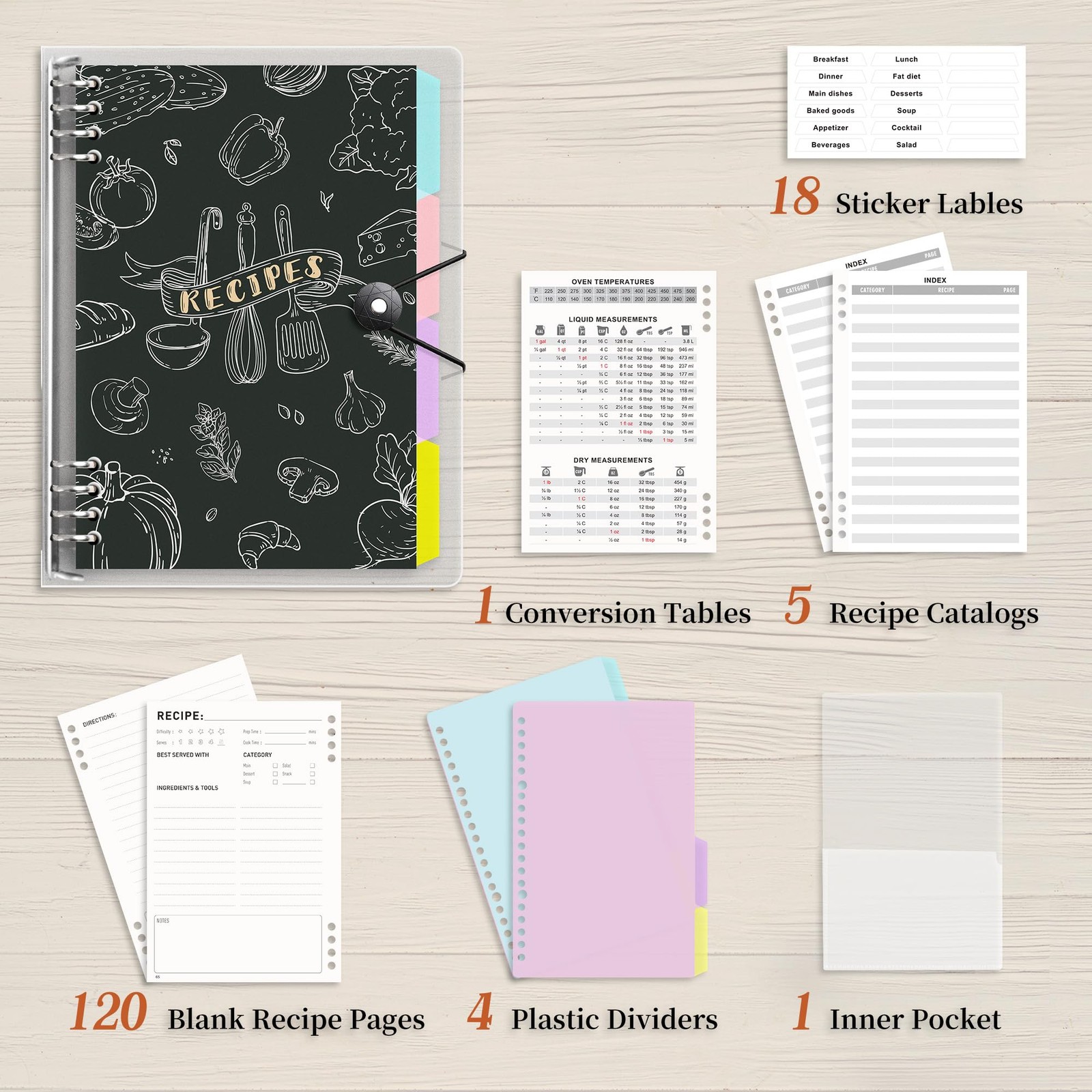 120 Pages Blank Recipe Book Food Journal PVC Binder Notebook 100gsm Thick