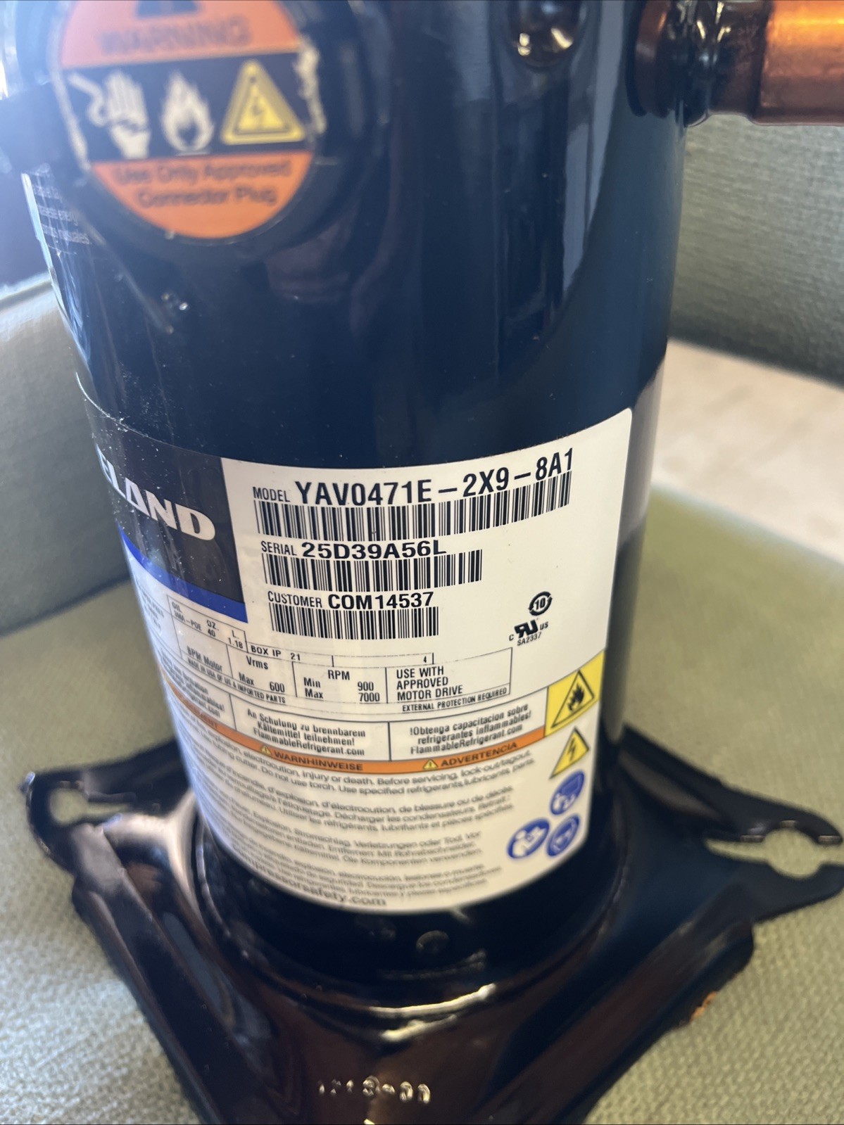 Copeland Model # YAV0471E —2X9–8A1 Scroll Compressor. See Details For All Info.