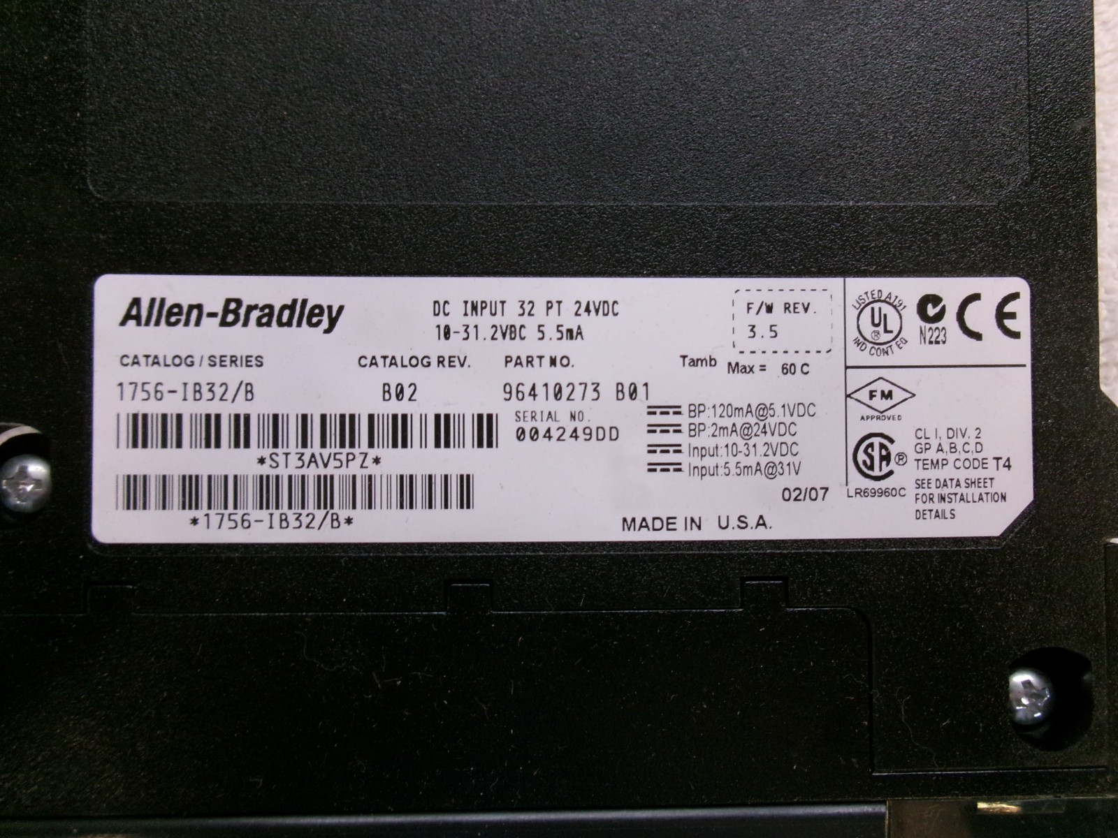 Allen Bradley ControlLogix DC Output 1756-IB32/B 1756-IB32 Ser B F/W 3.5