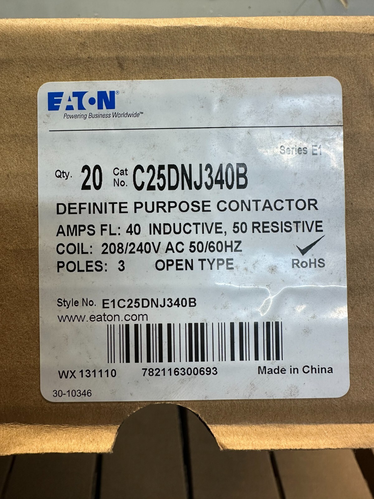 EATON C25DNJ340B 3P 40A 208-240 VAC Definite Purpose Contactor, NEW FREE SHIP