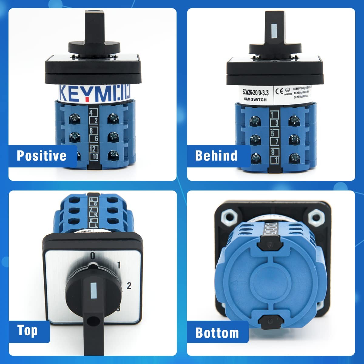 20A Rotary Changeover Switch 660V 4 Position 3 Phase 12 Terminals,3Way 2NO 2N…