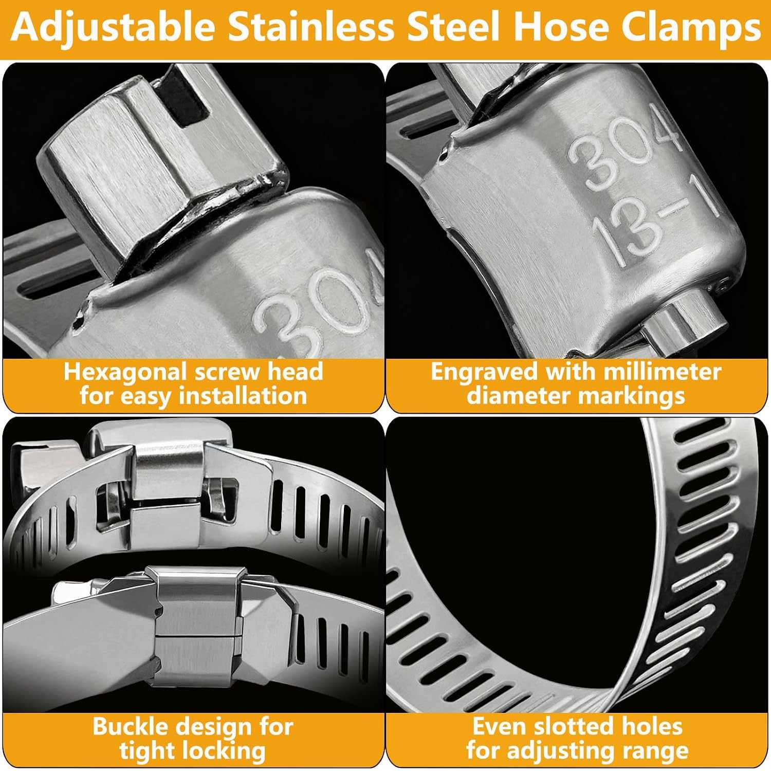 40 Adjustable Hose Clamps 10-70mm Stainless Steel Worm Gear – 40 Pack Set
