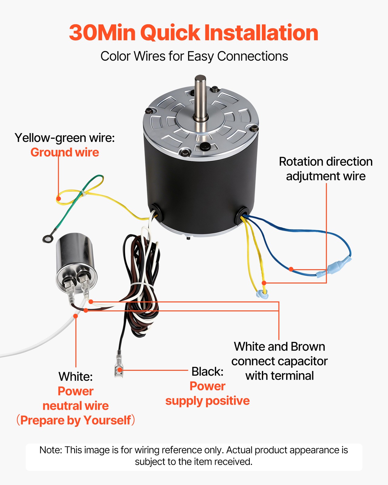 VEVOR Condenser Fan Motor with Capacitor 1/5HP 1075/900RPM 208-230V CW/CCW
