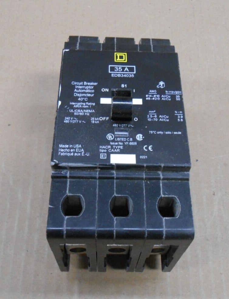 SQUARE D EDB EDB34035 35 AMP CIRCUIT BREAKER 35A 3 POLE 480Y/277V~ (11 AVAIL)