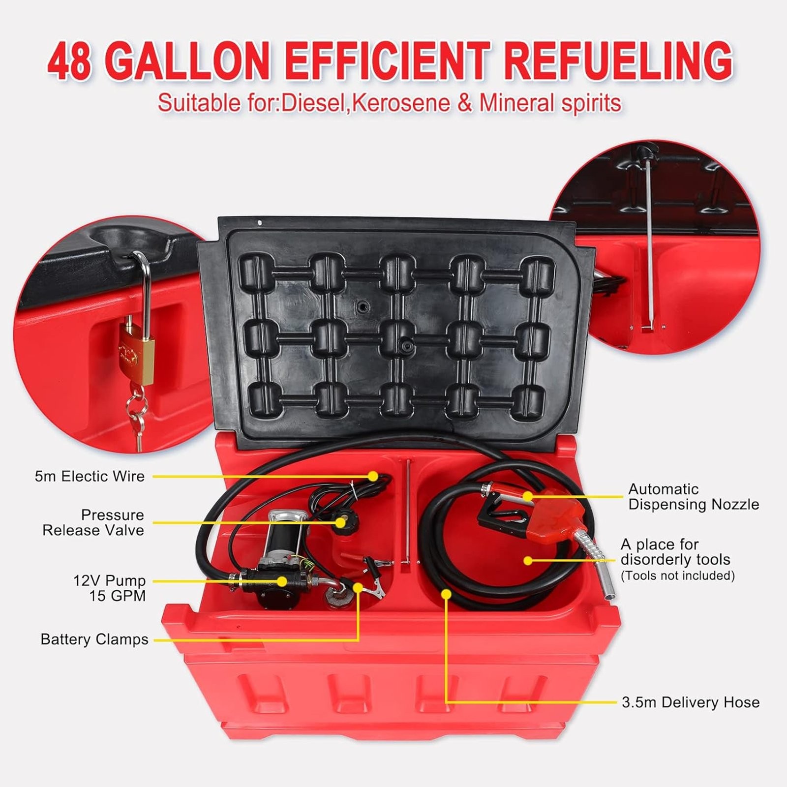 Portable 48 Gallon Gasoline Tank 15 GPM/57 LPM 12V Electric Transfer Pump Red