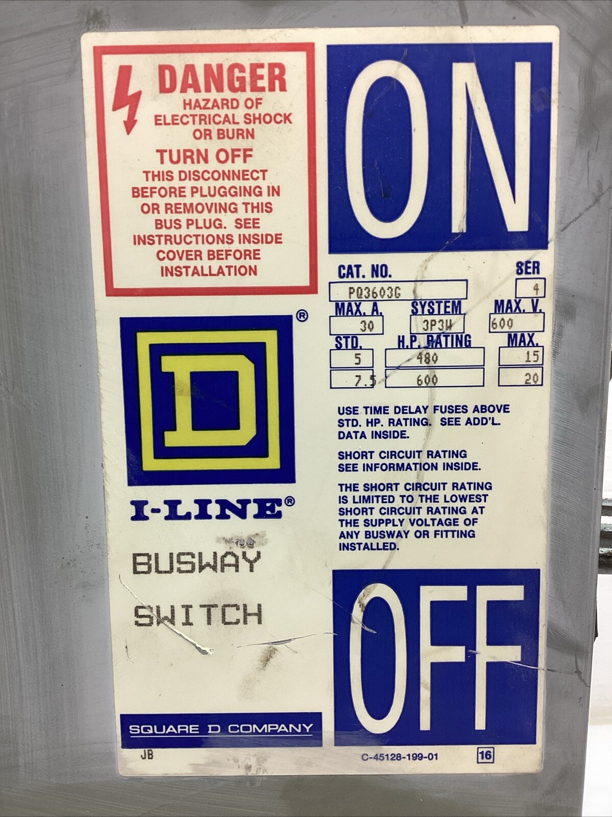 Square D I-Line Busway Unit *PQ3603G* Series 4 30Amp 600volts Tag #1