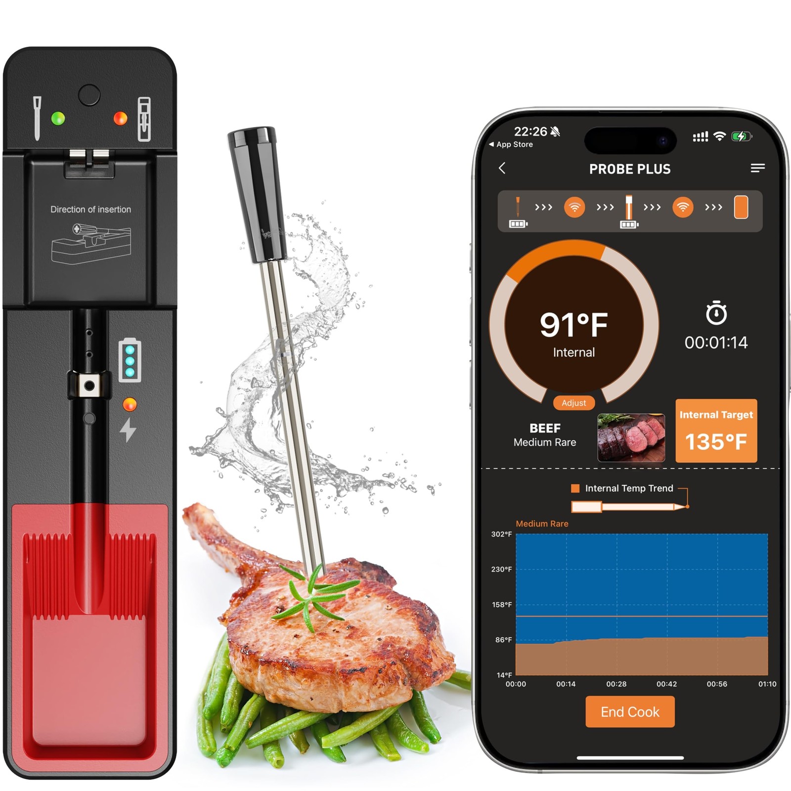 Smart Bluetooth Cooking Thermometer, Long-Range Wireless Meat Thermometer for…