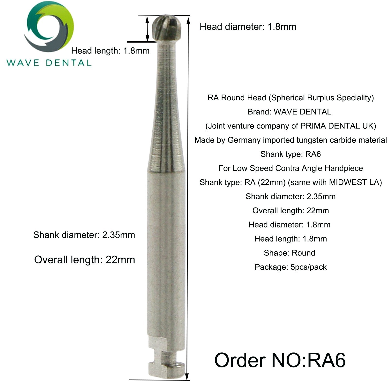 US WAVE Dental Burs Round Latch RA 2.35mm COXO Low Speed Contra Angle Handpiece