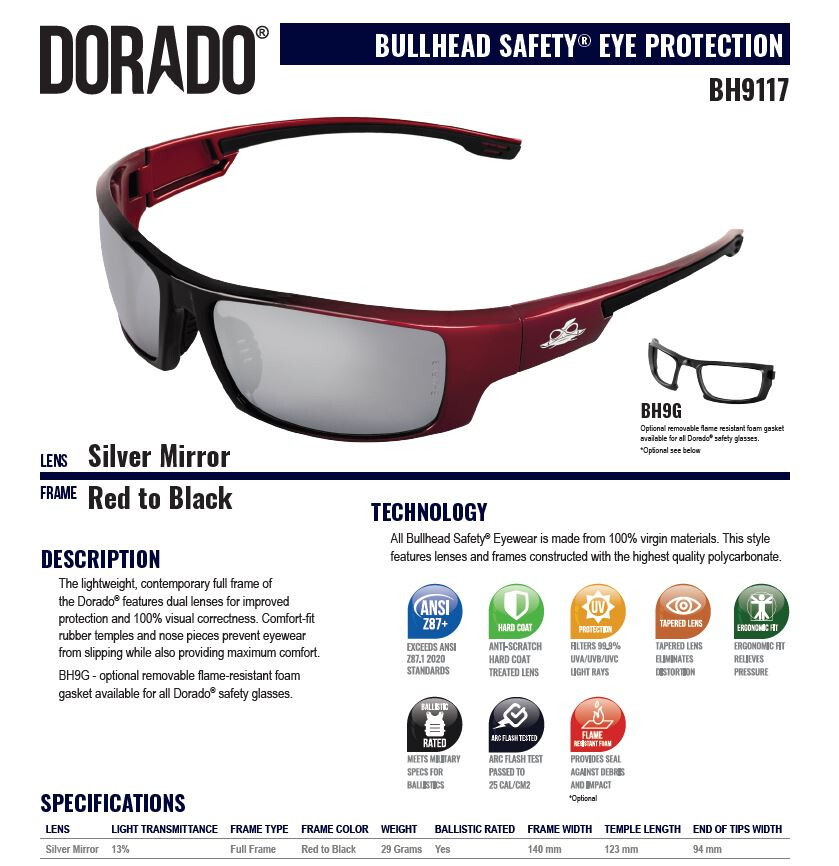 Bullhead Dorado Red/Black Silver Mirror Safety Glasses Ballistic Rated Sun Z87+