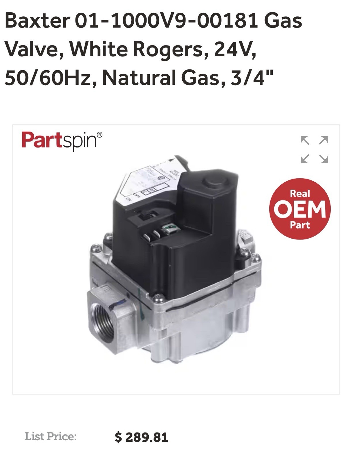 Hobart (Baxter) 01-1000V9-00181 Gas Valve, For Ovens. New