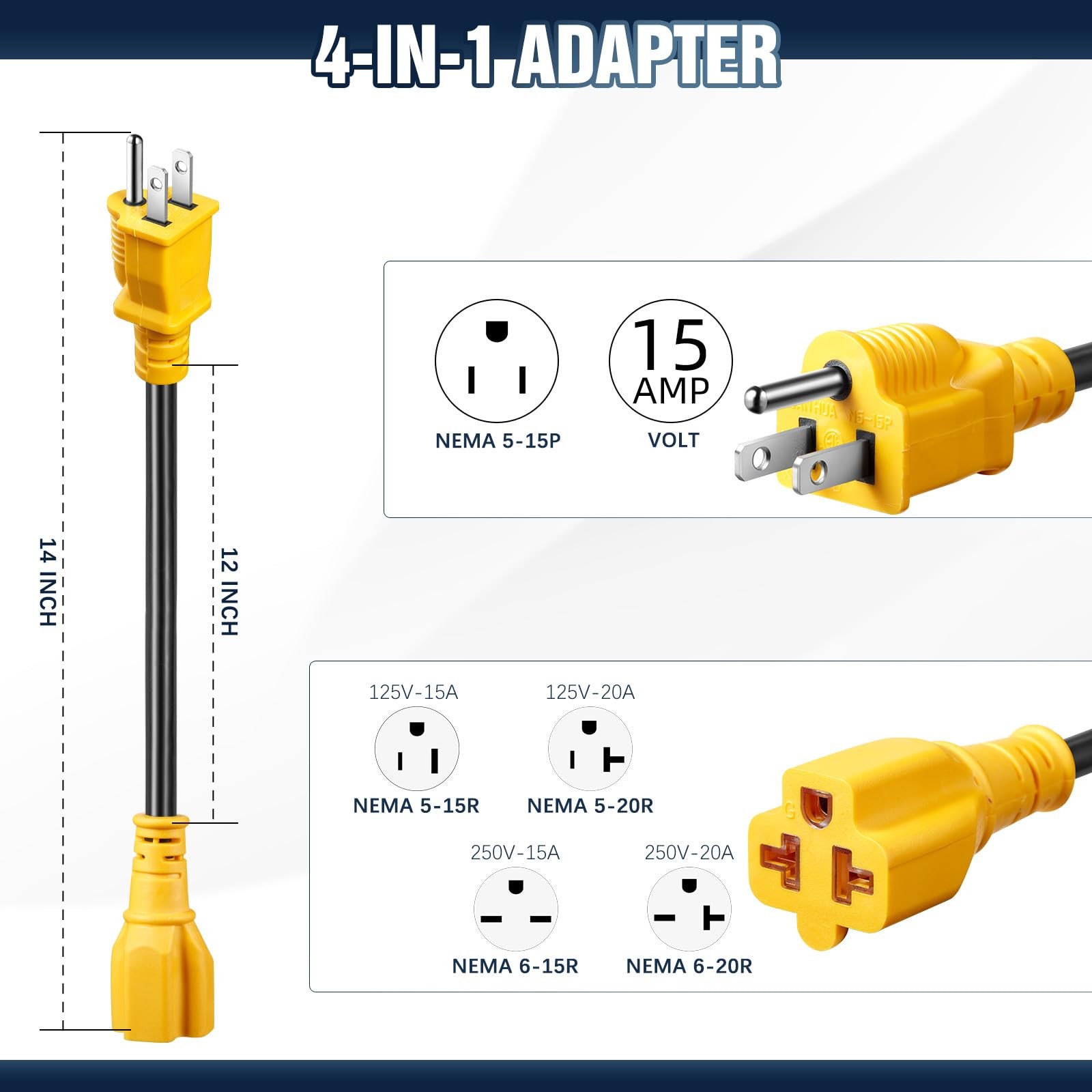 3FT 15 Amp Household to 20 Amp AC Power Adapter Cable 12AWG, [4 in 1] NEMA 5-…