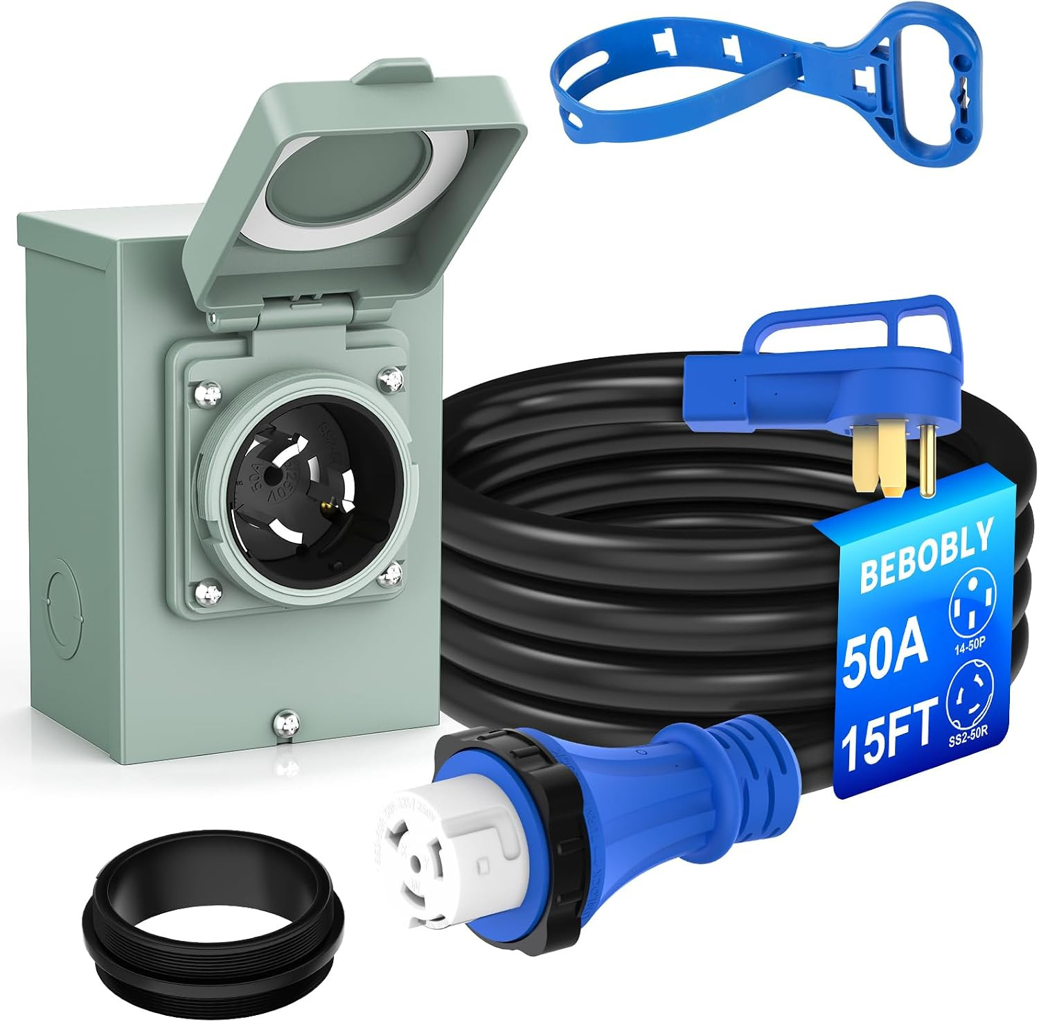 50 Amp Power Inlet Box and 15FT Generator Cord, 125V/250V Emergency Power Combo