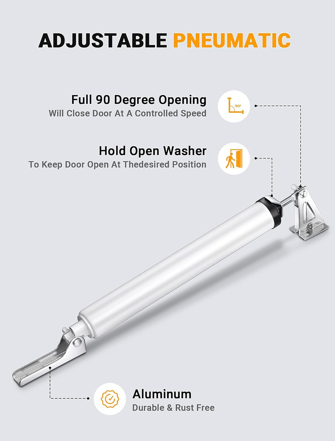 White Storm Door Closer, Pneumatic Screen Door Closer, Adjustable Speed, Hold Op
