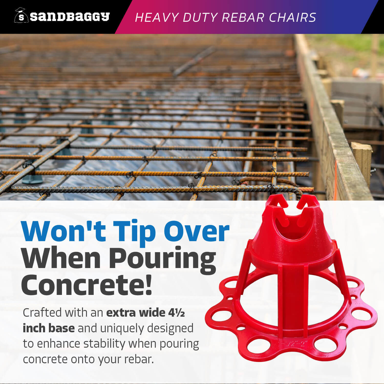 Sandbaggy Plastic Rebar Chair – Elevates Rebar 1 ½” or 2″ – Rebar #3 to #5 (Red)