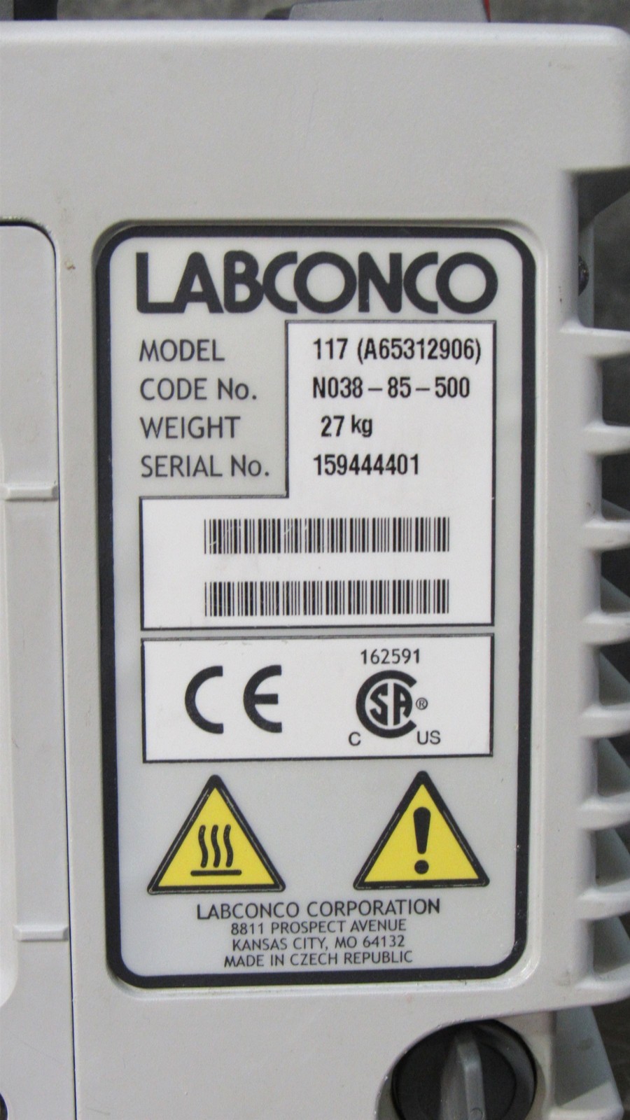 LabConco 117 Rotary Vane Vacuum Pump & Mist Filter; WARRANTY