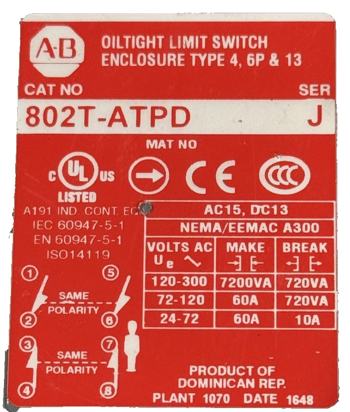 ALLEN BRADLEY 802T-ATPD LIMIT SWITCH SER.J 802TATPD NEW SURPLUS