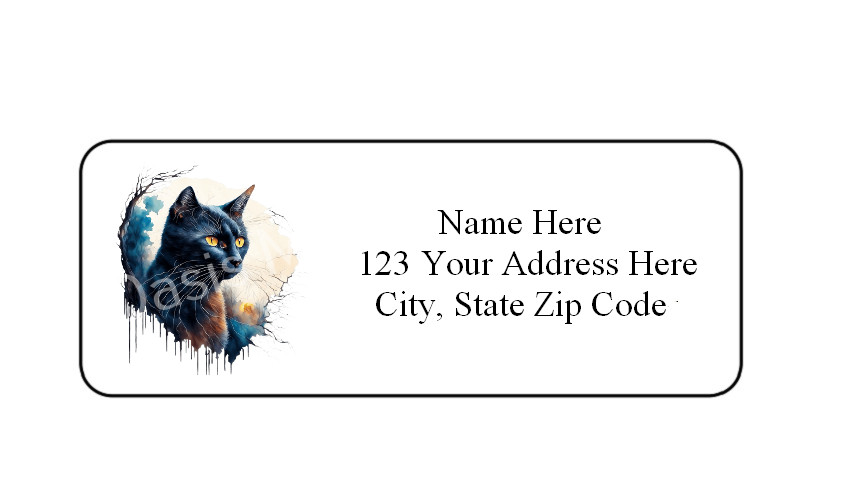 30 Black Cat Painting PERSONALIZED RETURN ADDRESS LABELS 1 in X 2 5/8 GLOSSY
