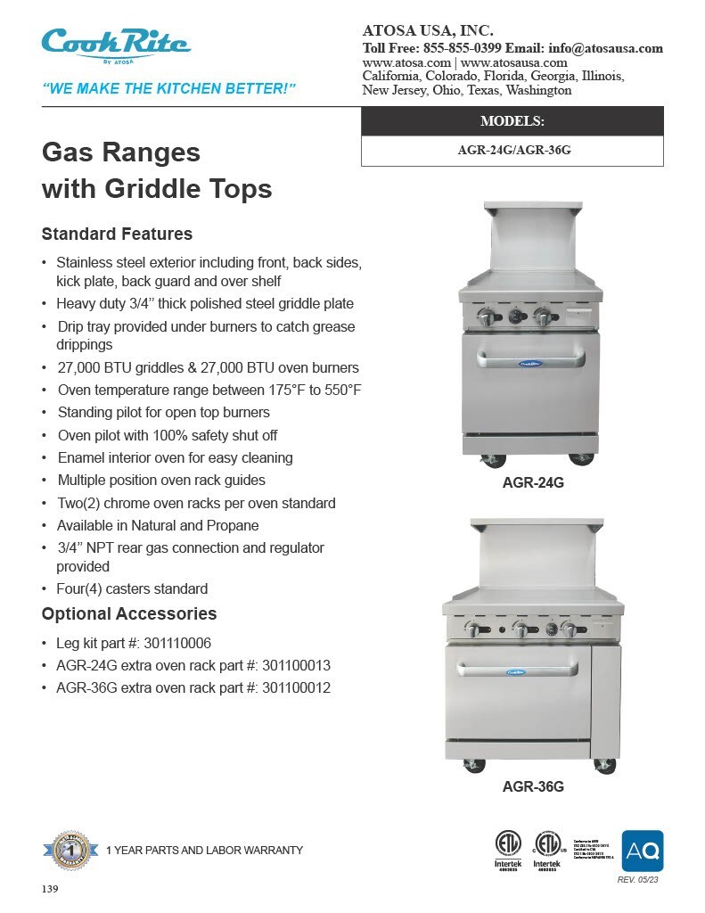 Atosa AGR-24G-LP 24″ GRIDDLE Range OVEN PROPANE