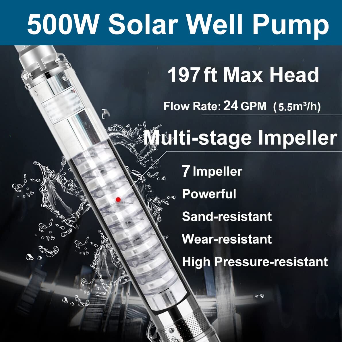 1HP Deep Well Submersible Pump, 4″ , 207 ft Max long life 220V 33GPM Sub 60Hz