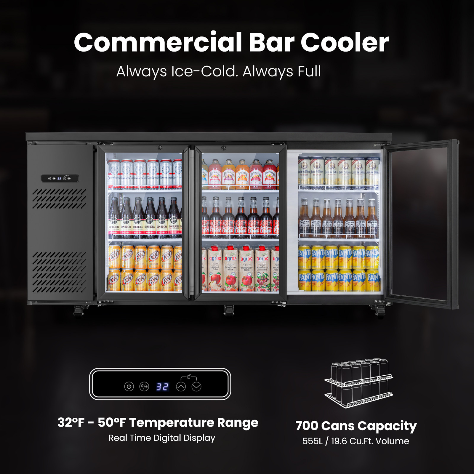 Yeego 19.6 Cu.Ft Commercial Back Bar Cooler with 3 Glass Door for Beverages New
