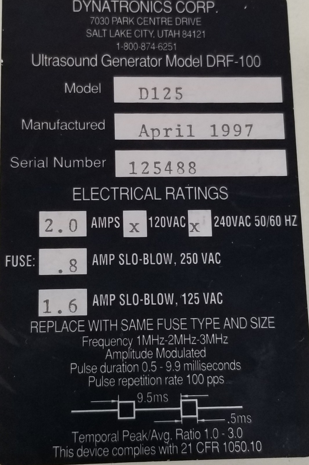 DYNATRONICS D125 THERAPEUTIC ULTRASOUND