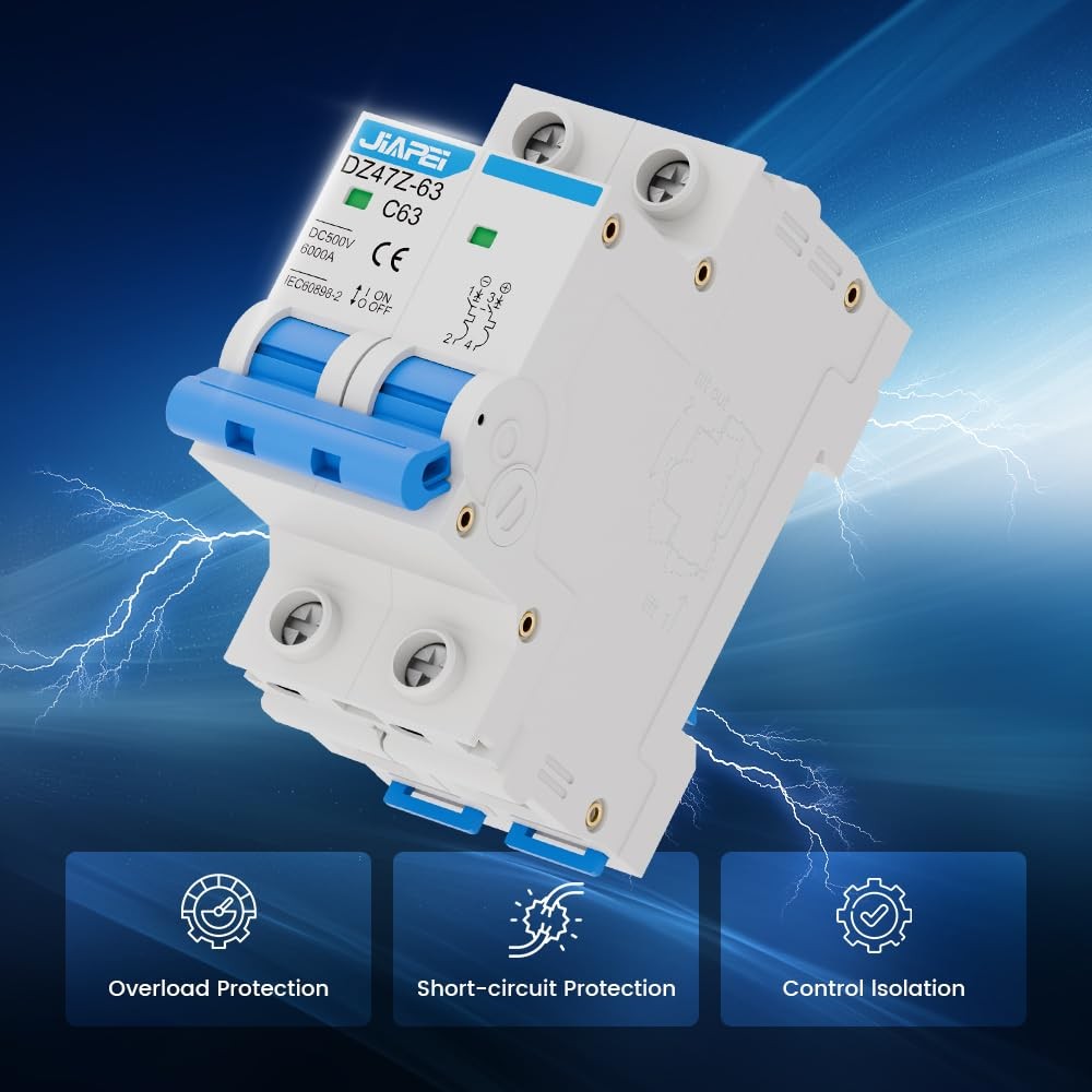 DC Miniature Circuit Breaker, 500V 2 Pole 63 Amp Isolator for Solar PV System, T