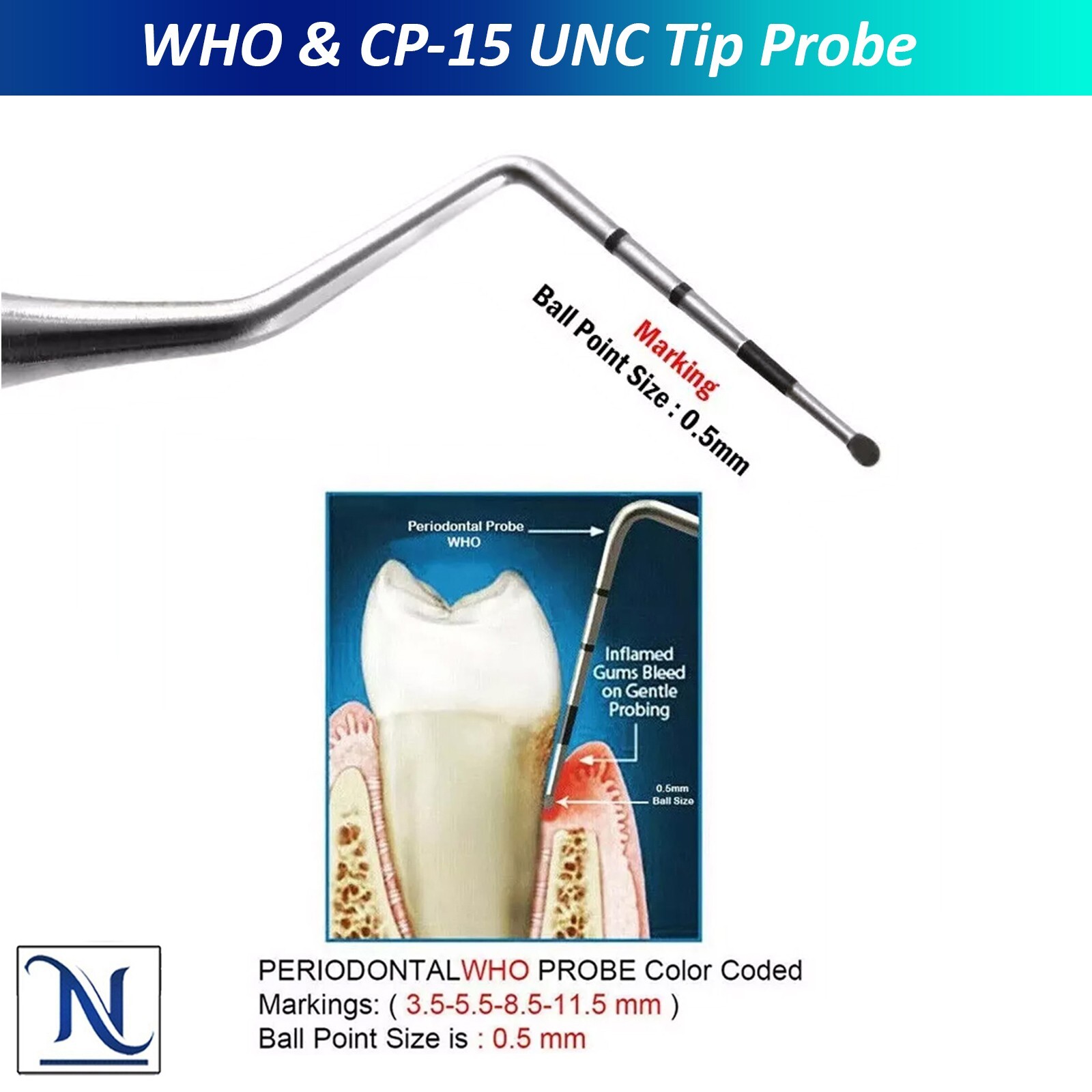 WHO Ball End Dental Probe CP-15 UNC for Periodontal Measurement Probes 7Pcs Set