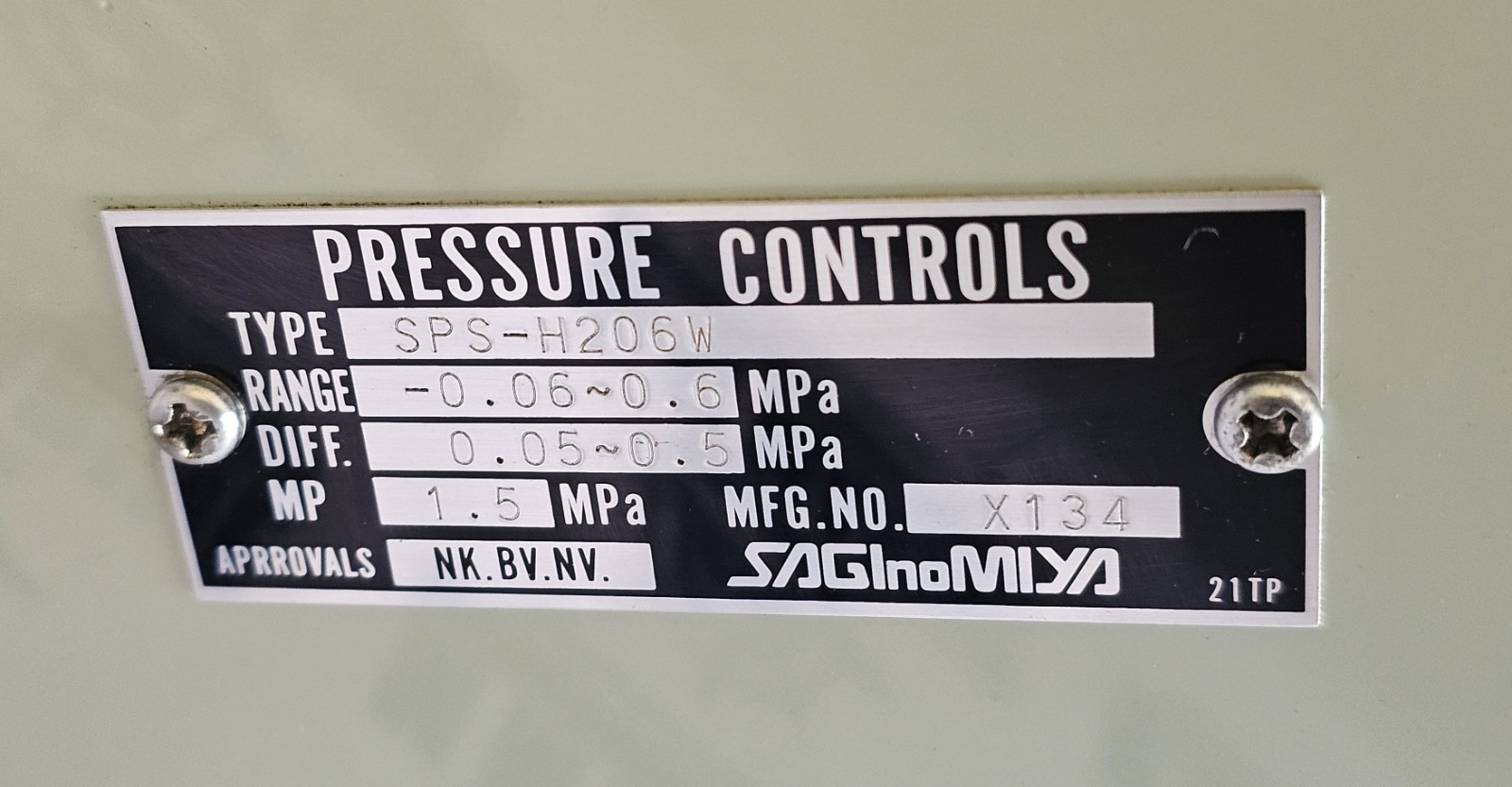 SAGINOMIYA SPS-H206W, PRESSURE SWITCH, -0.06~0.6MPa, 0.05~0.5MPa, MP: 1.5MPa