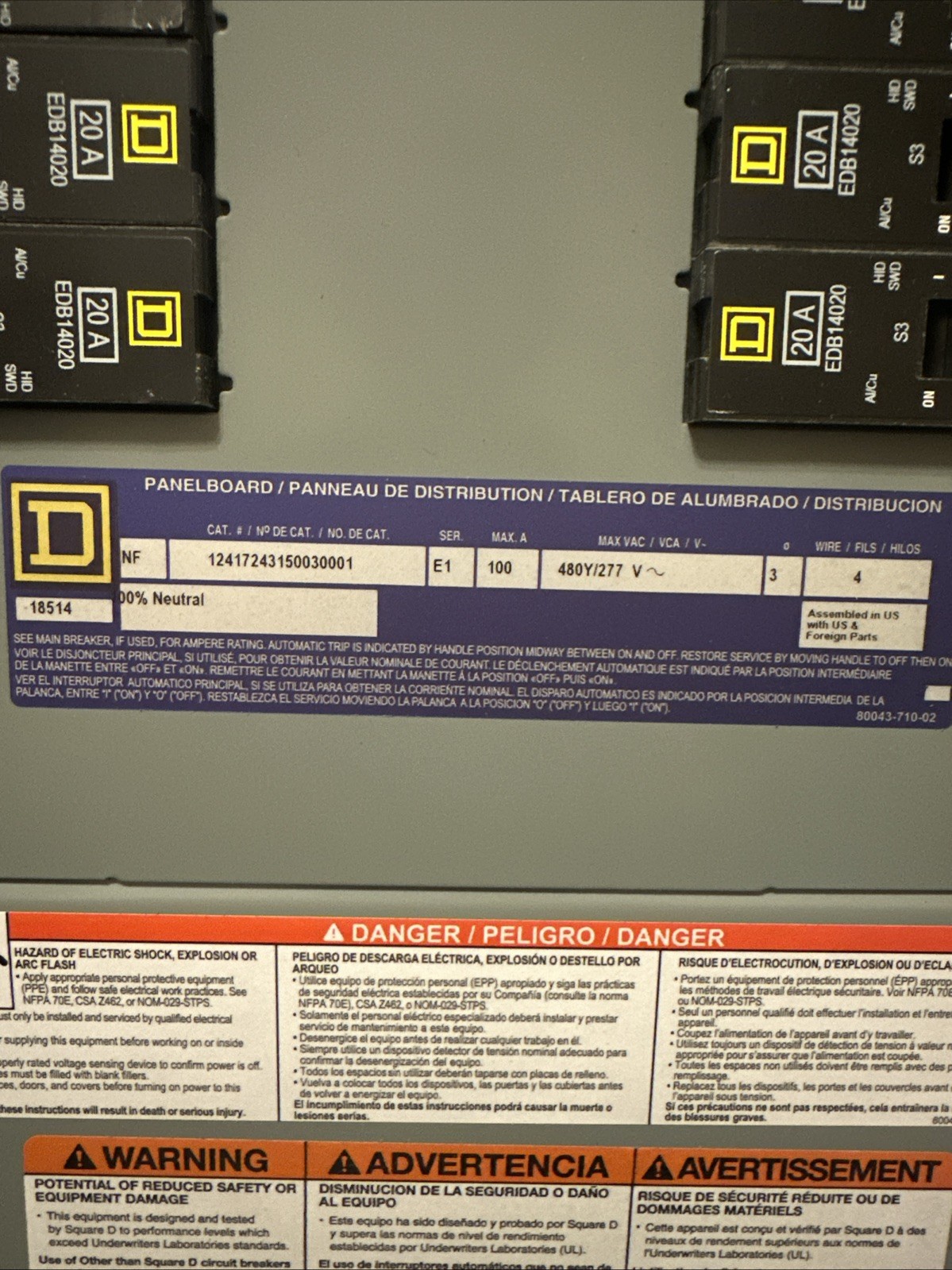 Square D NF Panelboard E1 Ser. 100 Amp. 480/277V 3Ph