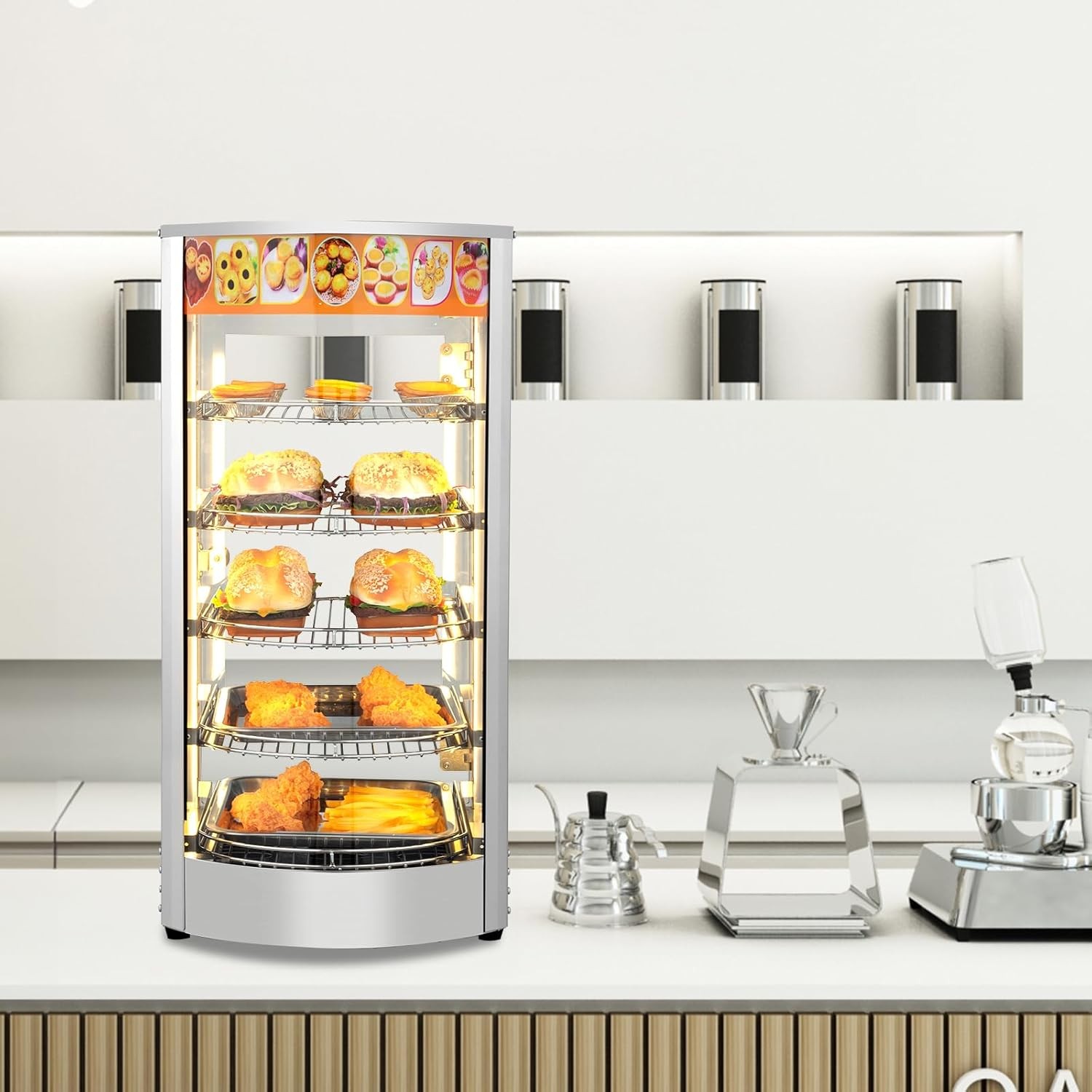 5-Tiers Commercial Food Warmer Display, 800W Pizza, Bread Display Warmer w/Light