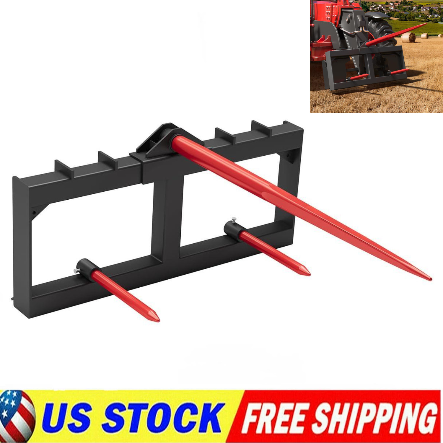 49″ Hay Spear 3000lbs Quick Attach for Skid Steer Loader & Tractor w/ Hay Spear