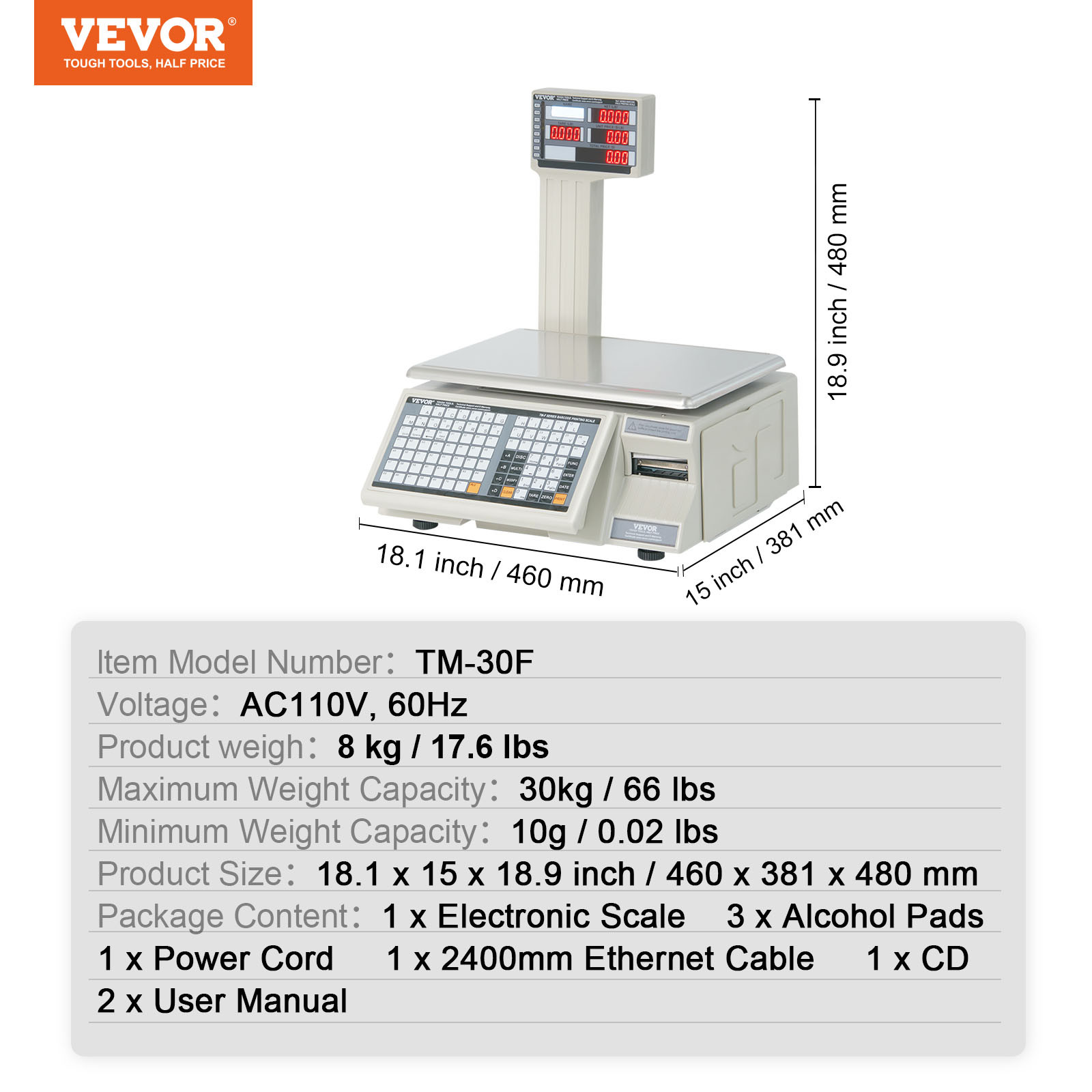 VEVOR 66Lbs 30KG Electronic Price Computing Scale Commercial Food Meat Weighting