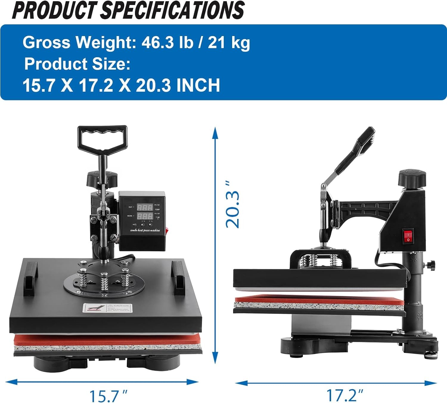 5 in 1 Heat Press Machine 15x15in Transfer Sublimation T-Shirt Mug Hat Plate Cap