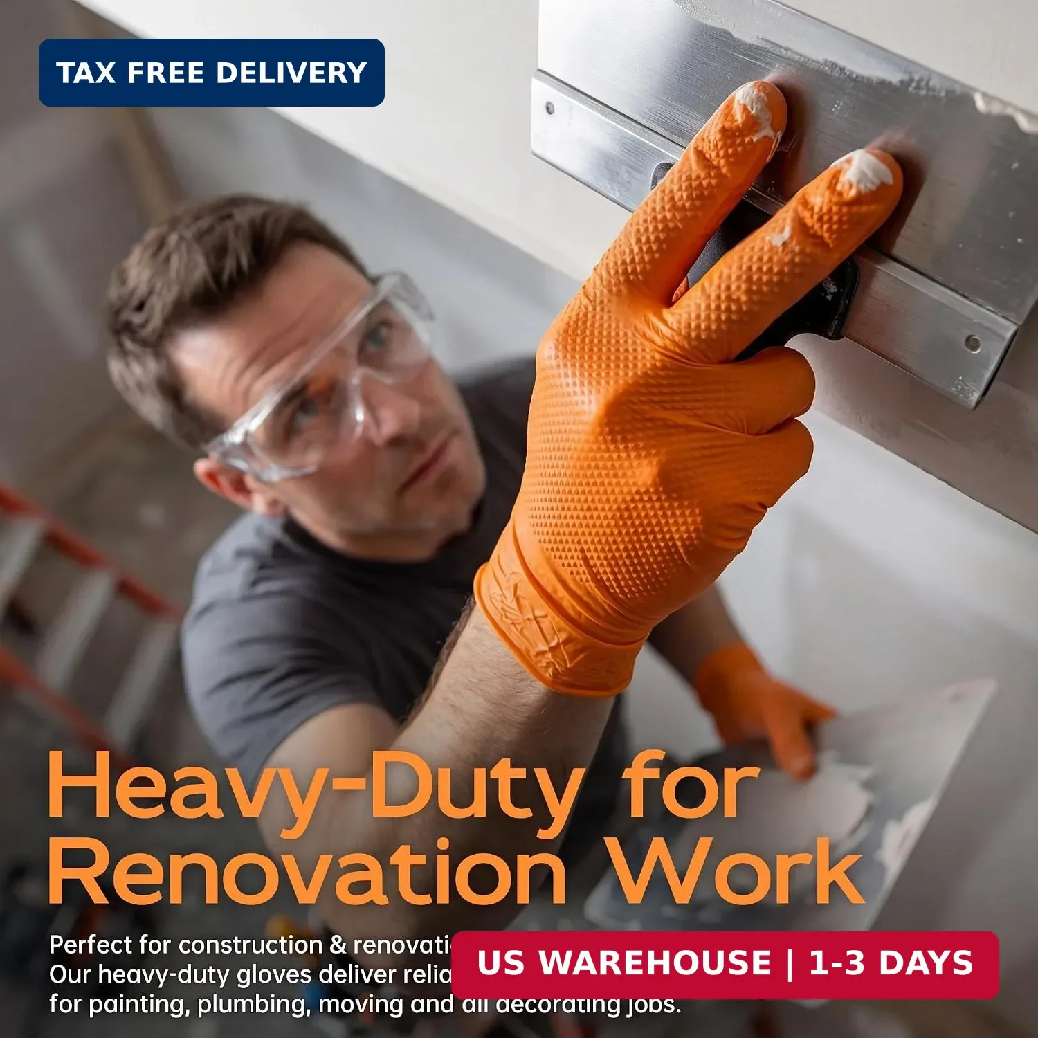 HEAVY DUTY 8 Mil Orange Nitrile Gloves, Diamond Textured Disposable Industrial M