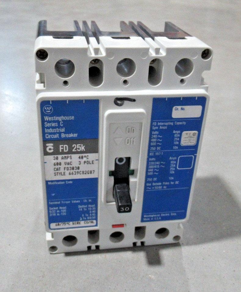 Westinghouse Eaton FD3030 Circuit Breaker 30A, 600VAC, 3P, FD 25K *NEW TAKEOUT*