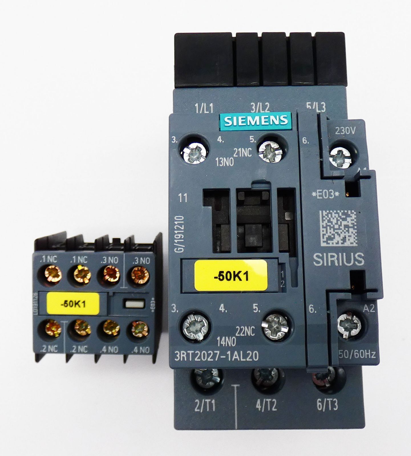 Siemens SIRIUS 3RT2027-1AL20 E:03 Power Contactor + 3RH2911-1HA22 E:03 -used-
