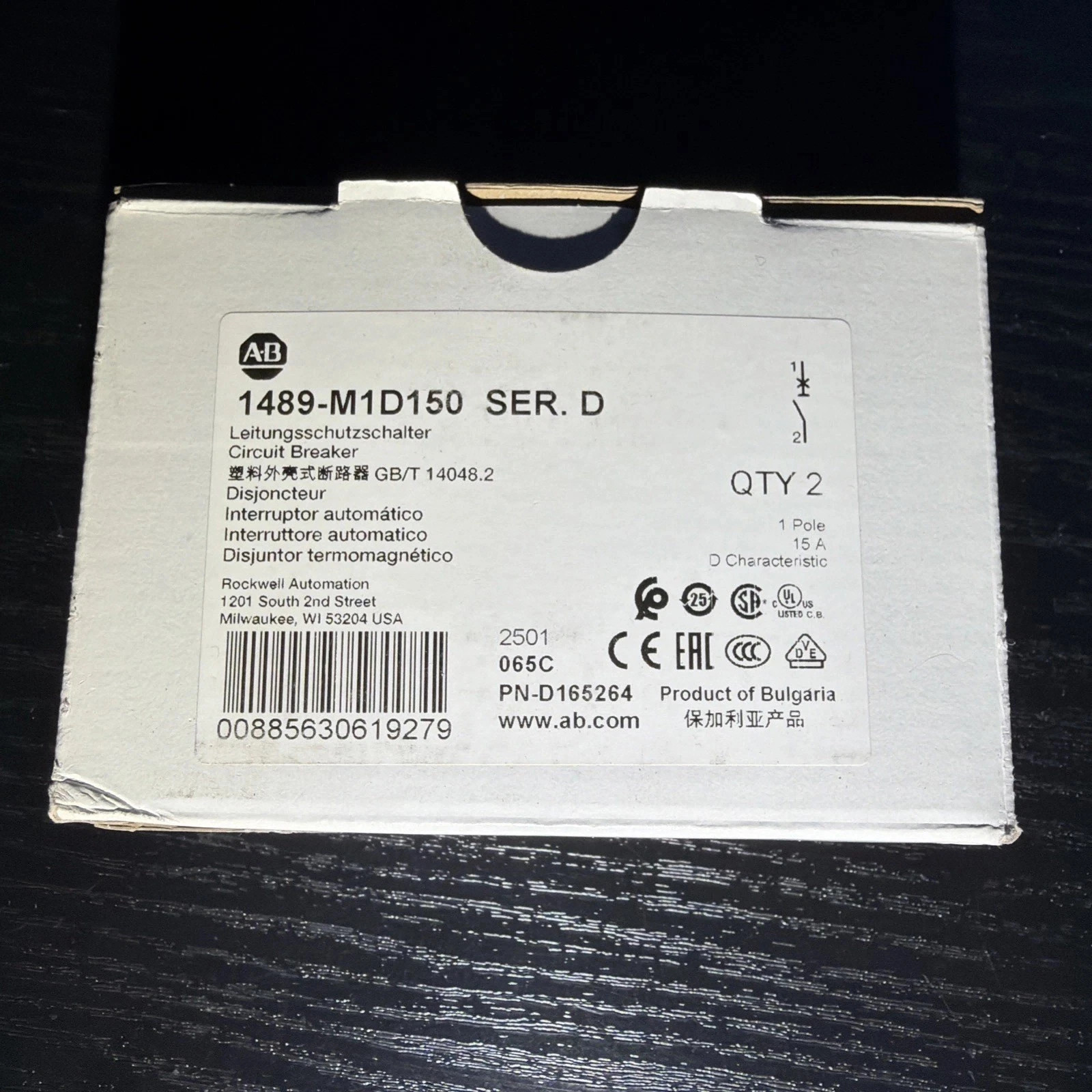 NEW Allen Bradley 1489-M1D150 Circuit Breaker, 1-Pole 15A, 277VAC Max, DIN Rail