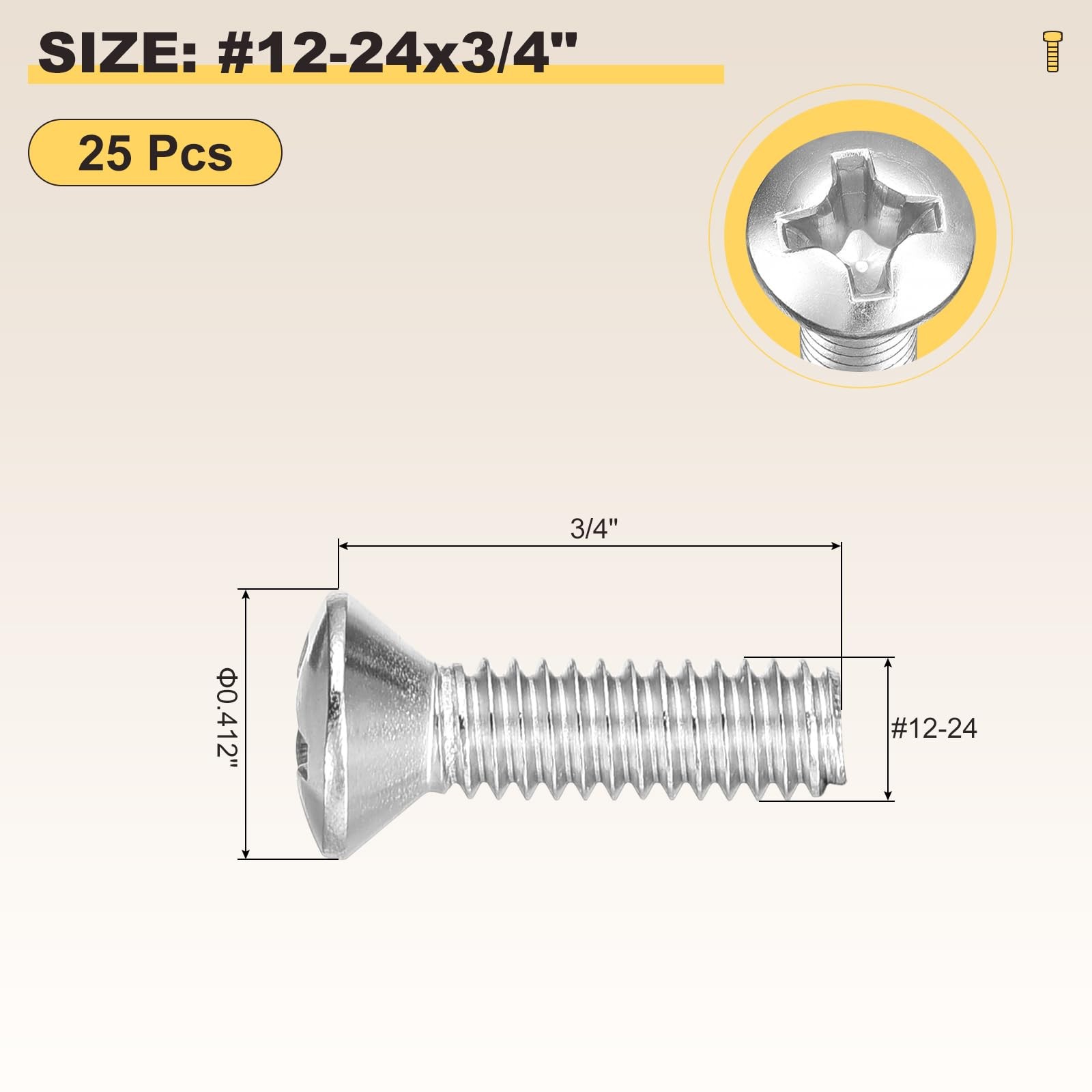 METALLIXITY SemiCountersunk Oval Head Machine Screws #1224×3/4 25Pcs, 304 Sta…