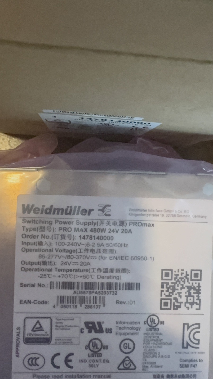 1pcs Weidmuller PRO MAX 480W 24V 20A 1478140000 Switching Power Supply