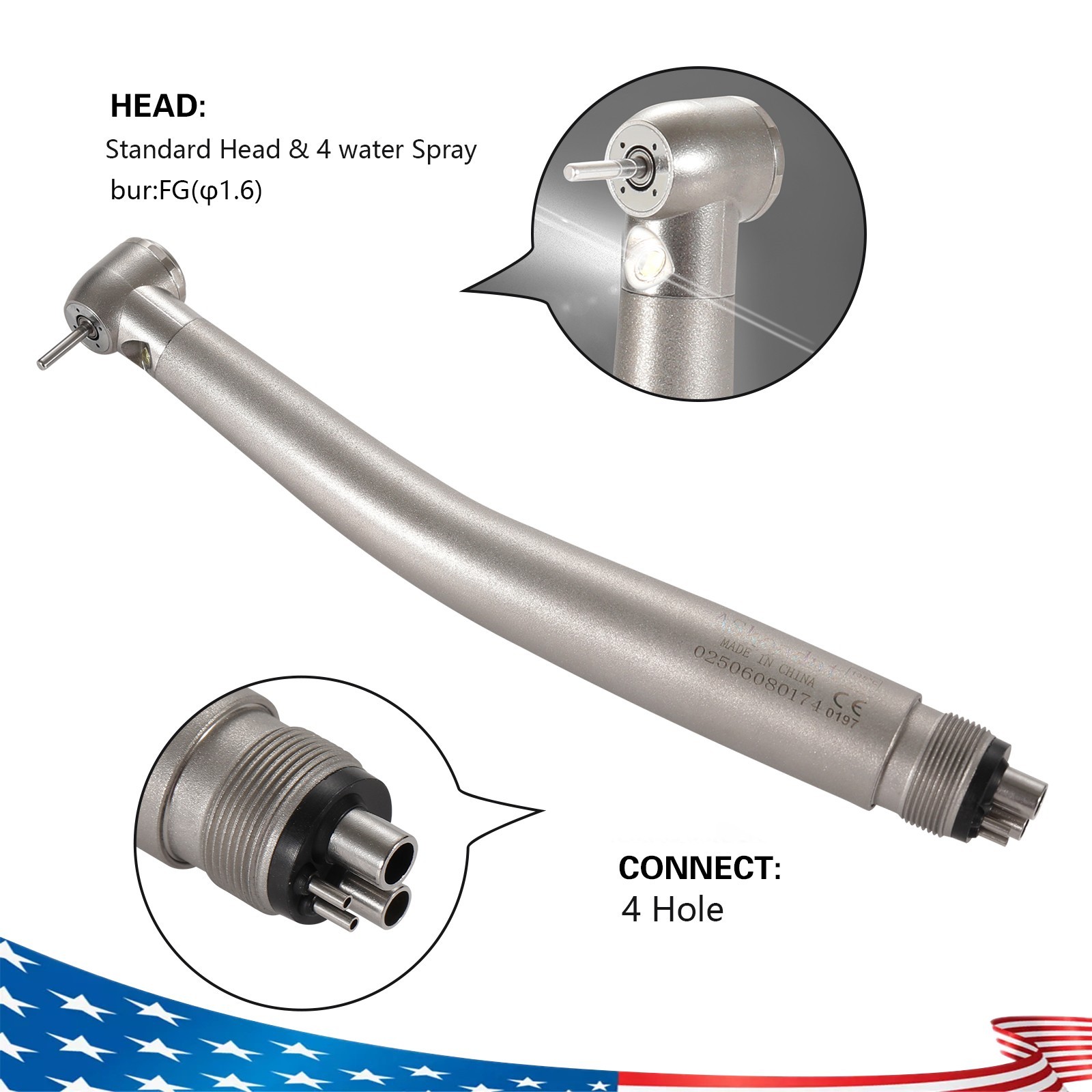 Dental 1:1 Fiber Optic Handpiece Internal Spray Contra Angle fit E-Type Motor DS