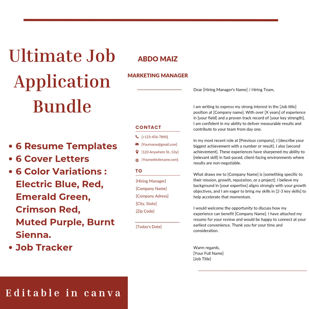 6x Resume Template Bundle Matching Cover Letter Job Tracker Spreadsheet Canva CV