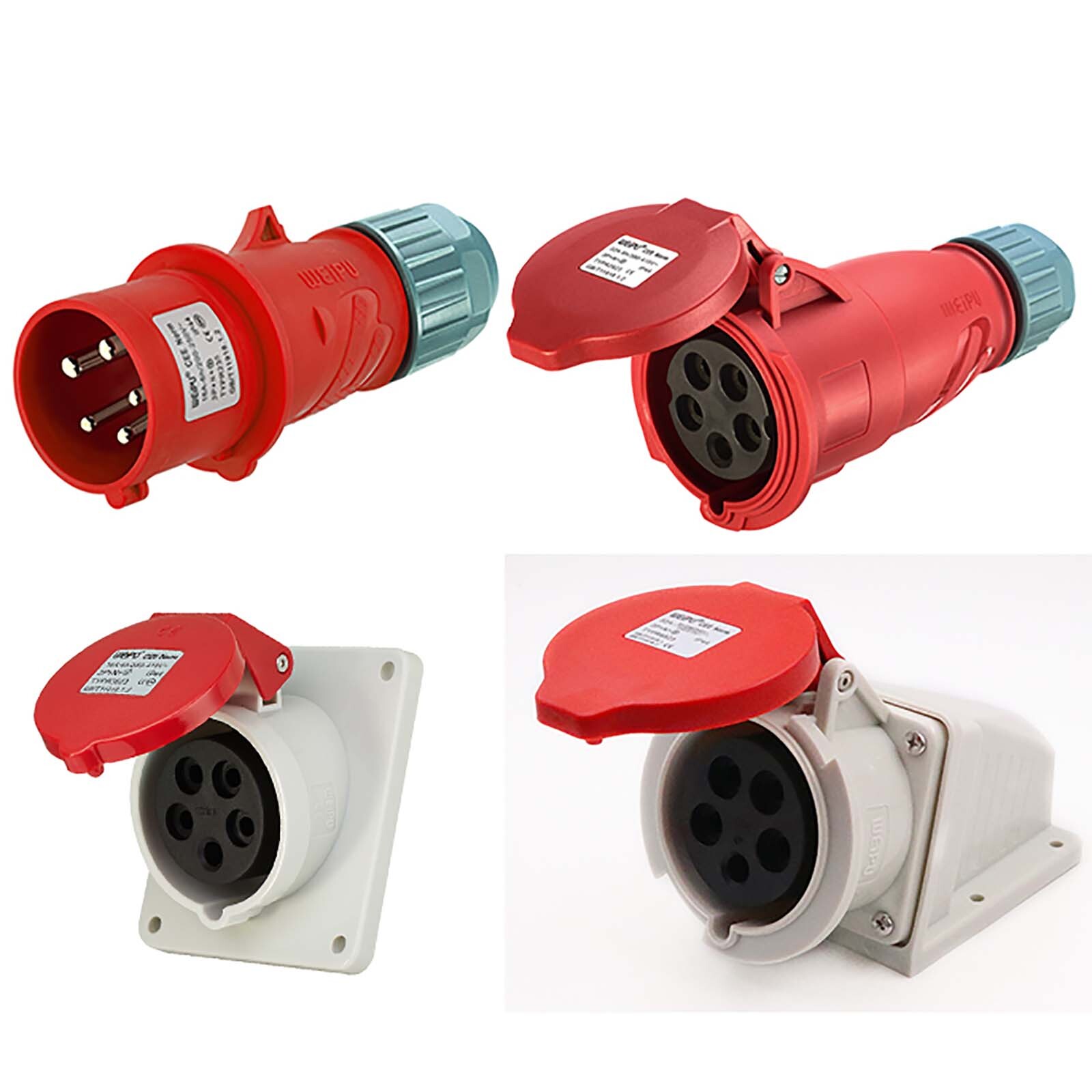 32A 16A 3/4/5 PIN RED INDUSTRIAL PLUGS & SOCKETS 3 PHASE 3P+N+E IP44 MALE/FEMALE
