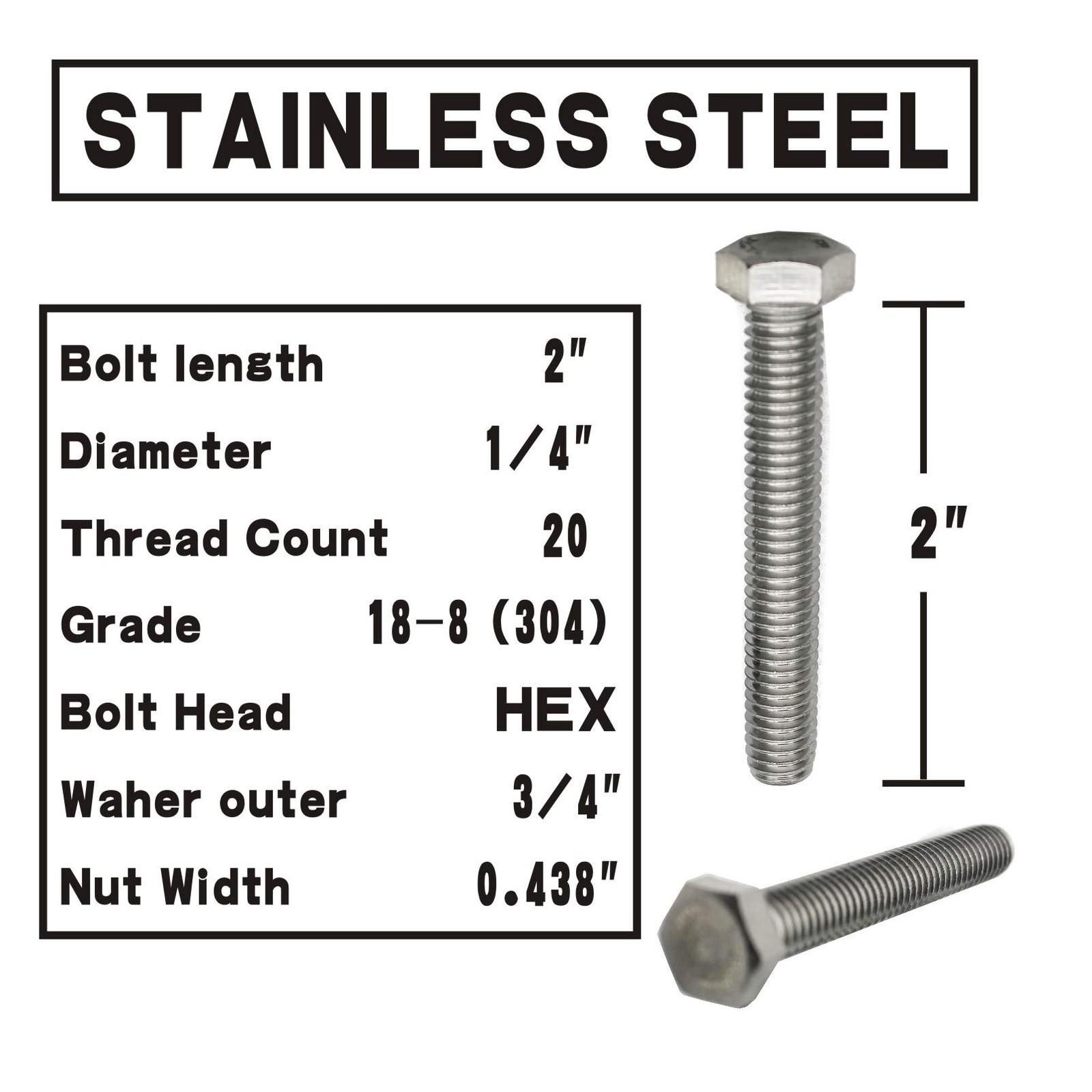 (10 Sets) 1/4-20×2 Stainless Steel Hex Head Screws Bolts, Nuts, Flat & Lock W…
