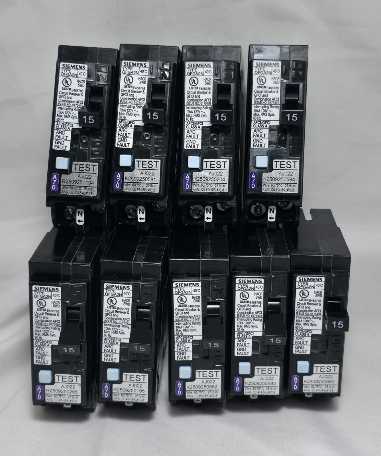 Siemens Q115DFN 15A 120V AFCI/GFCI Dual Function Plug-In Circuit Breakers Qty 9