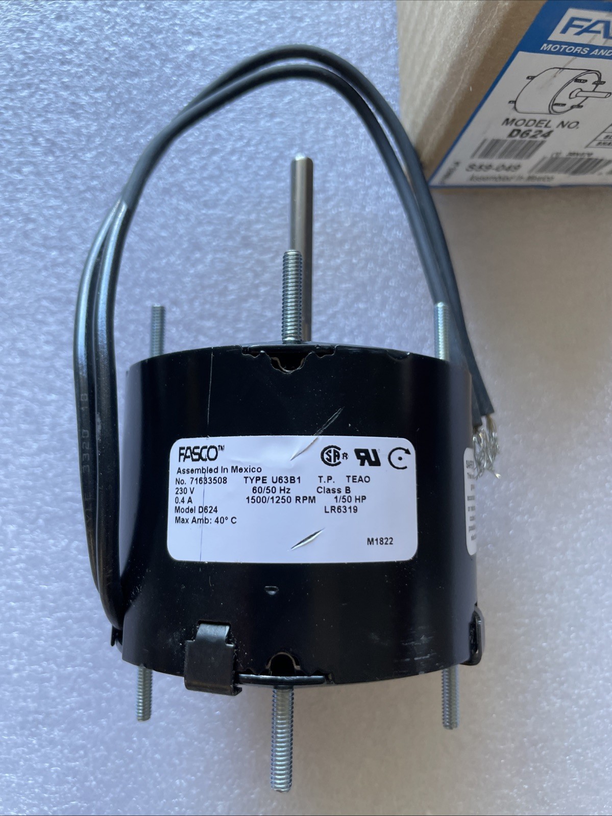 Fasco D624 HVAC Motor. 3.3 Frame, 1/00 Hp, 230V. NEW In Box.
