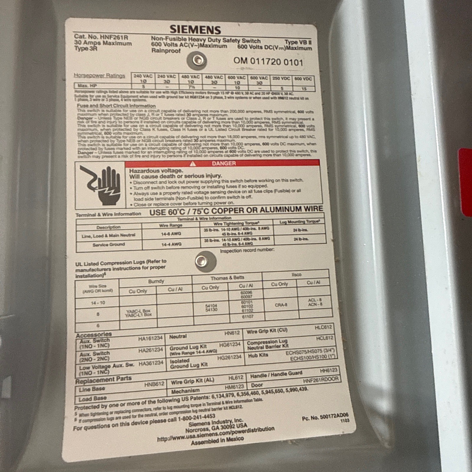 New Siemens HNF261R 2P 30A 600V Non-Fusible Safety Switch Disconnect 3R Outdoor