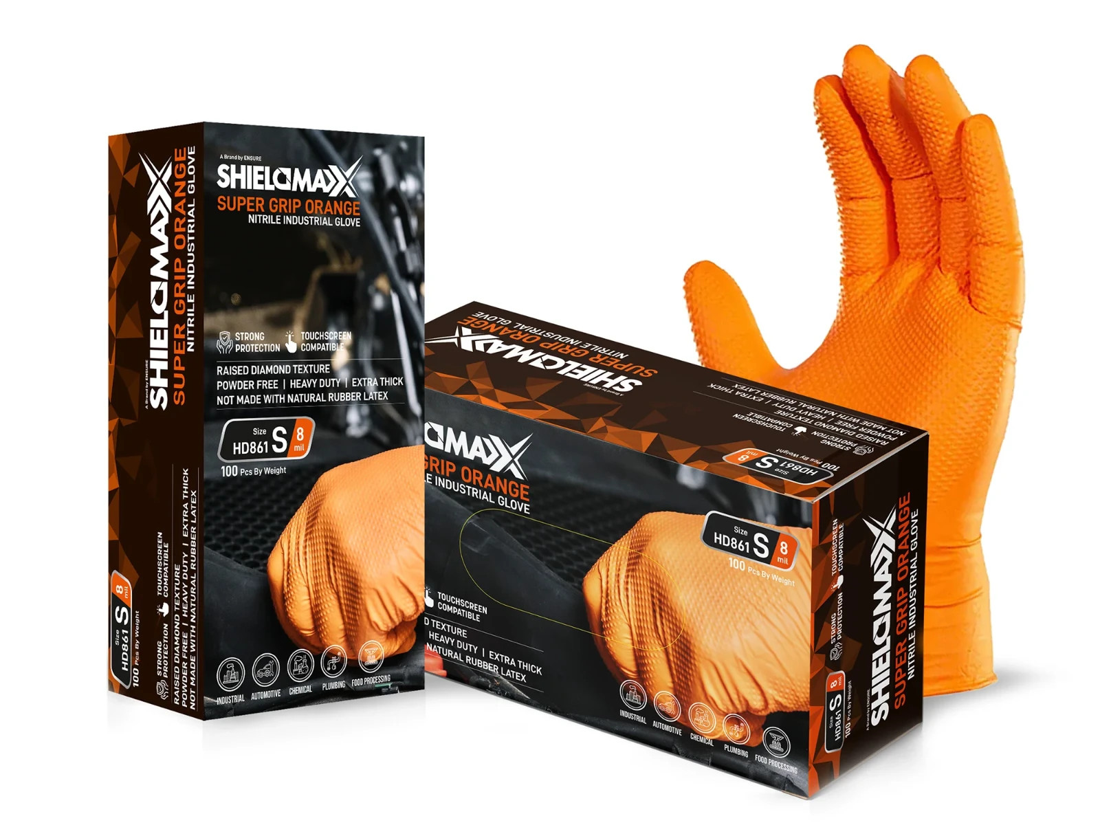 SHIELDMAXX® Heavy Duty Diamond Grip Textured Powder Free Orange Nitrile Gloves